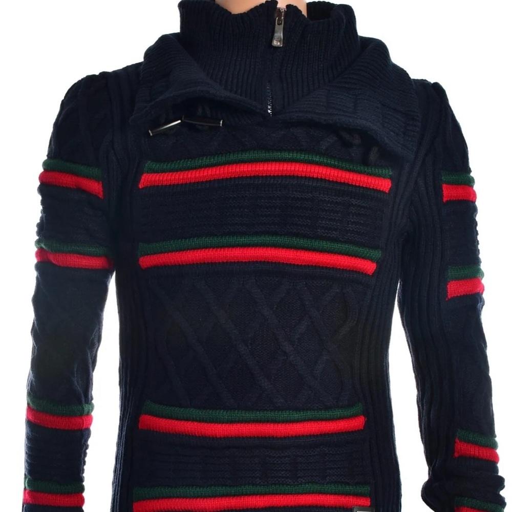 DUAL SHAWL COLLAR CABLE KNIT SWEATER-NAVY